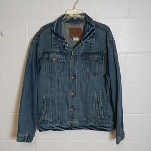 90's Distressed Denim Jean Jacket Hand Pockets Extra Large 100% Cotton Denim